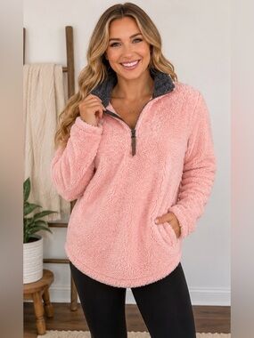 Charles River Apparel Pink Sherpa Quarter Zip Pullover Jacket Large Cozy